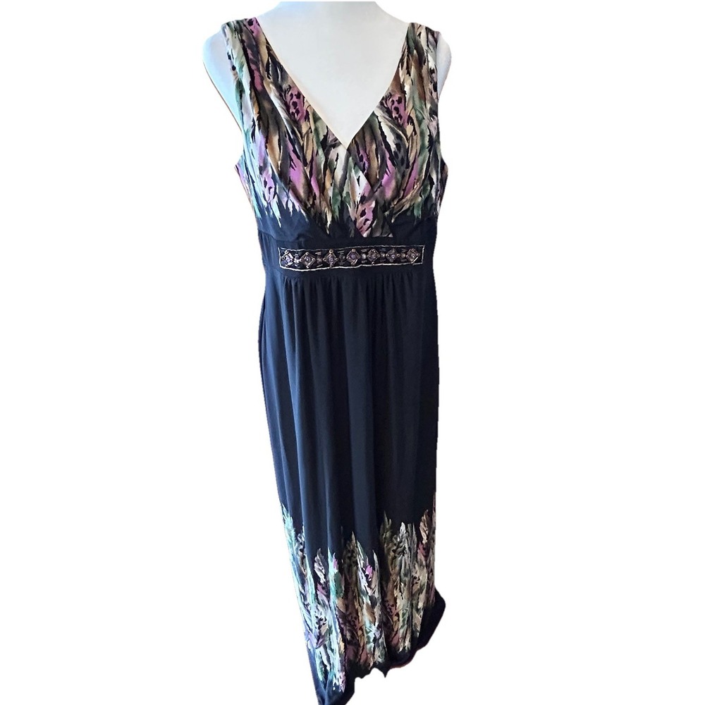 Roz & Ali Tropica Resort Wear Costal Stretch Maxi Dress Size 10 V Neck Black